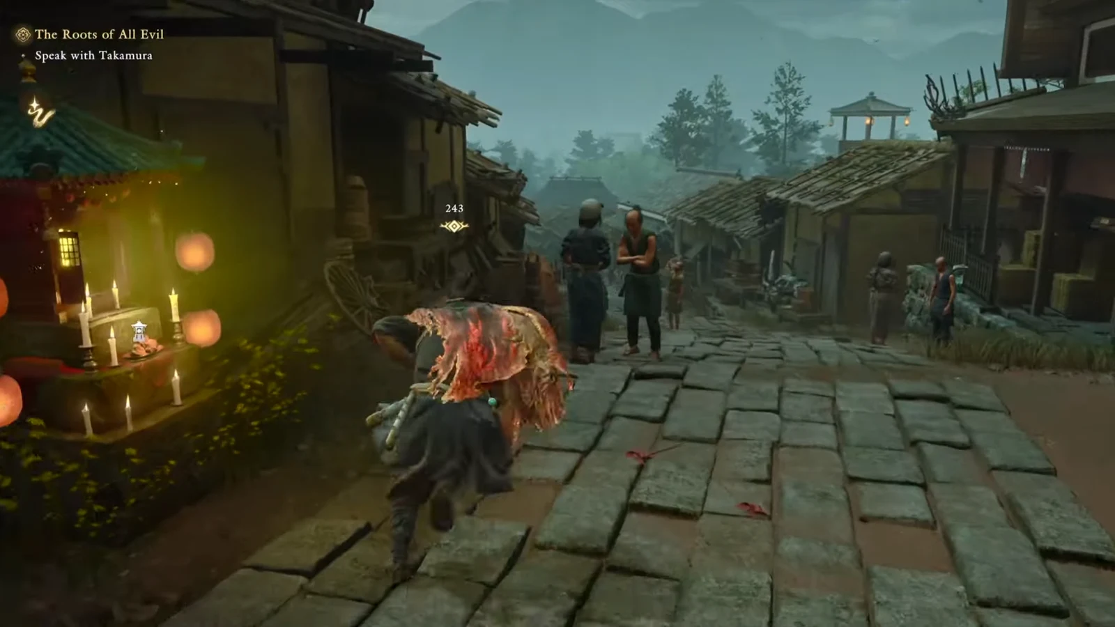 The Roots of All Evil objective Speak with Takamura shown while approaching a marked NPC on a village street