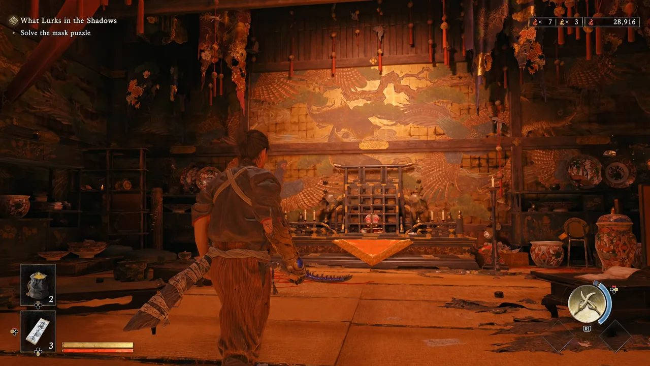 Close view of the central mask mechanism in the underground lab room as Musashi lines up a shot