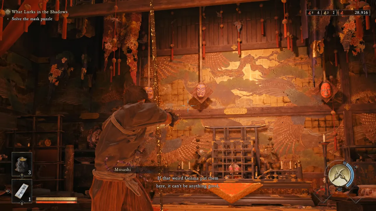 Musashi facing the wall of mounted masks as the objective updates to solve the mask puzzle