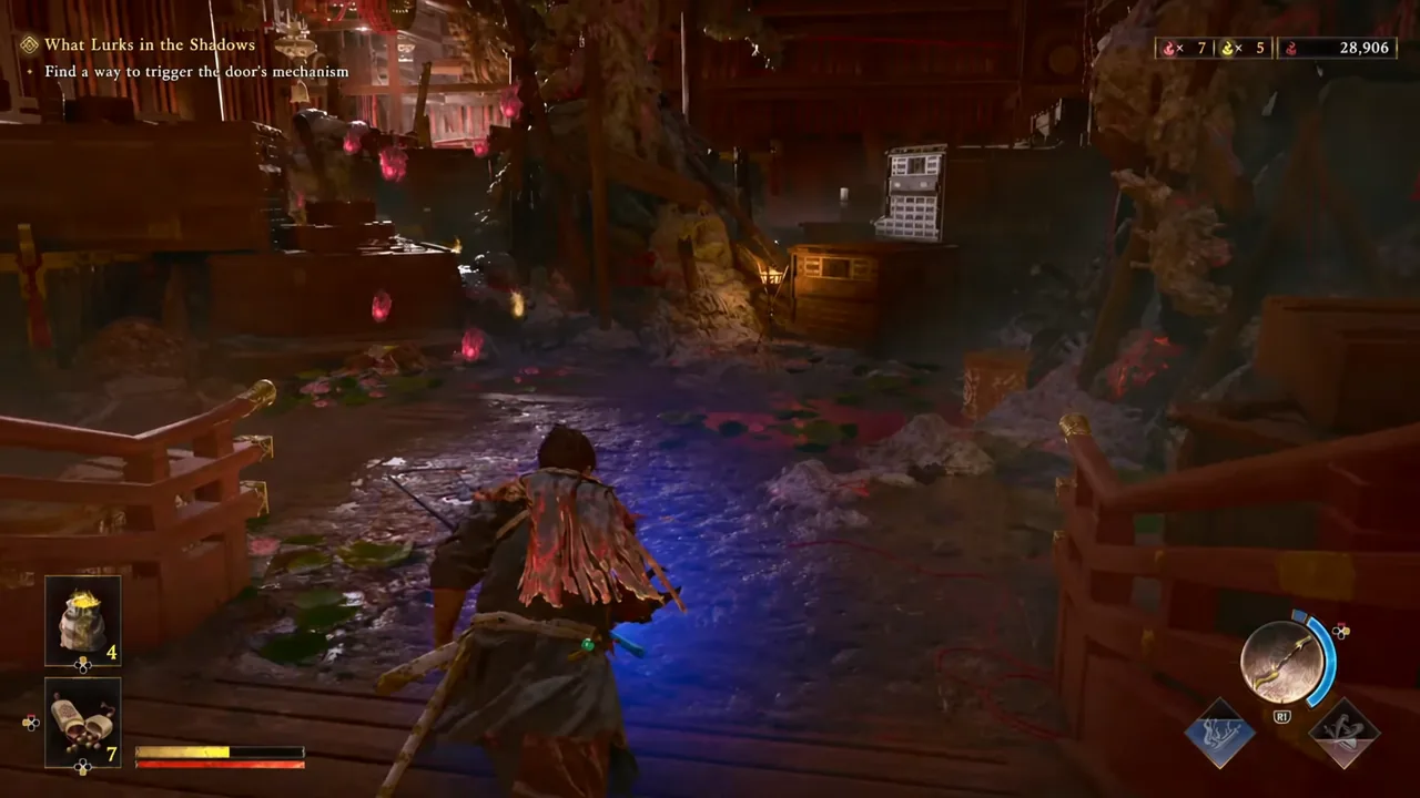 Musashi approaching a sealed door with its trigger mechanism visible ahead