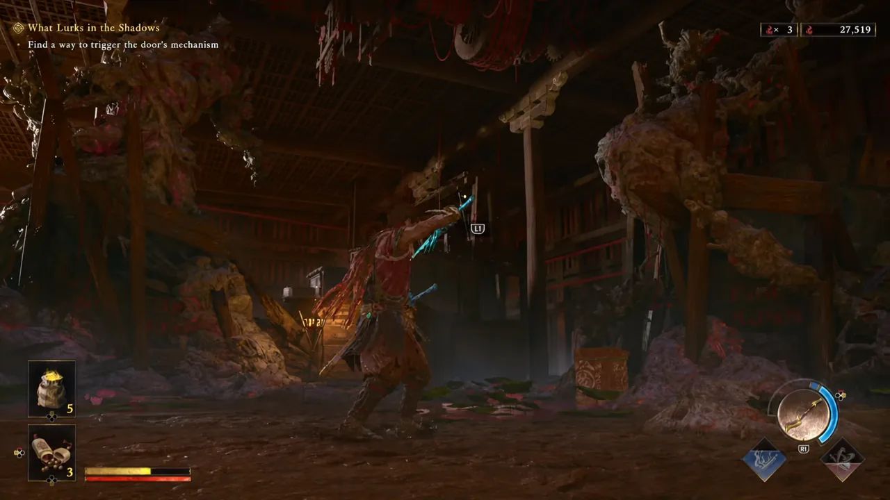 The L1 aim prompt on screen while lining up a bow shot at the door mechanism