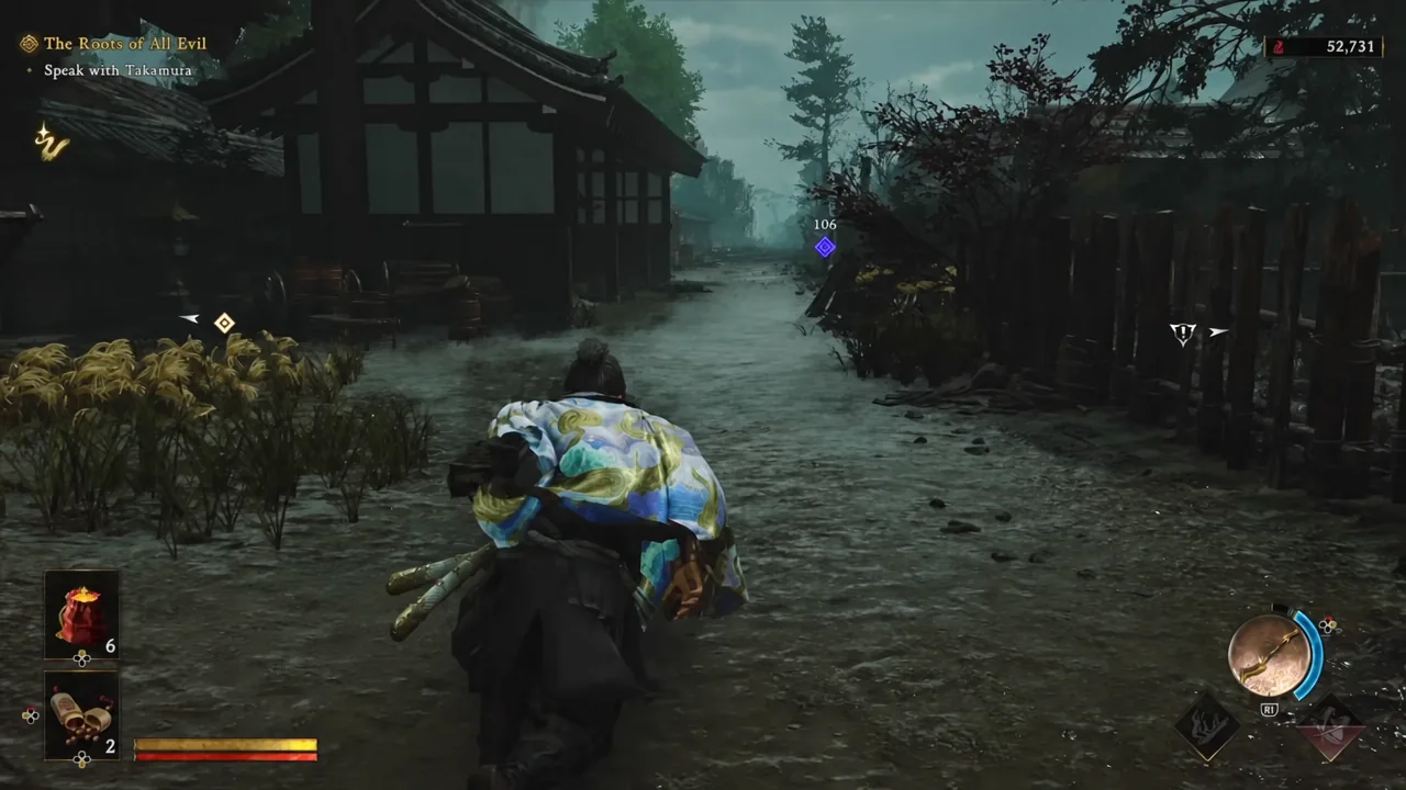 Musashi fighting Genma in a rain-soaked village street with retained combat skills