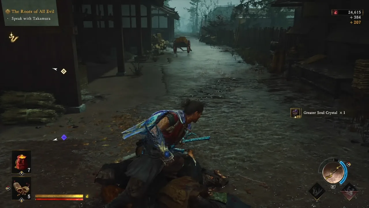 Musashi drawing the bow on glowing Genma across a flooded village street