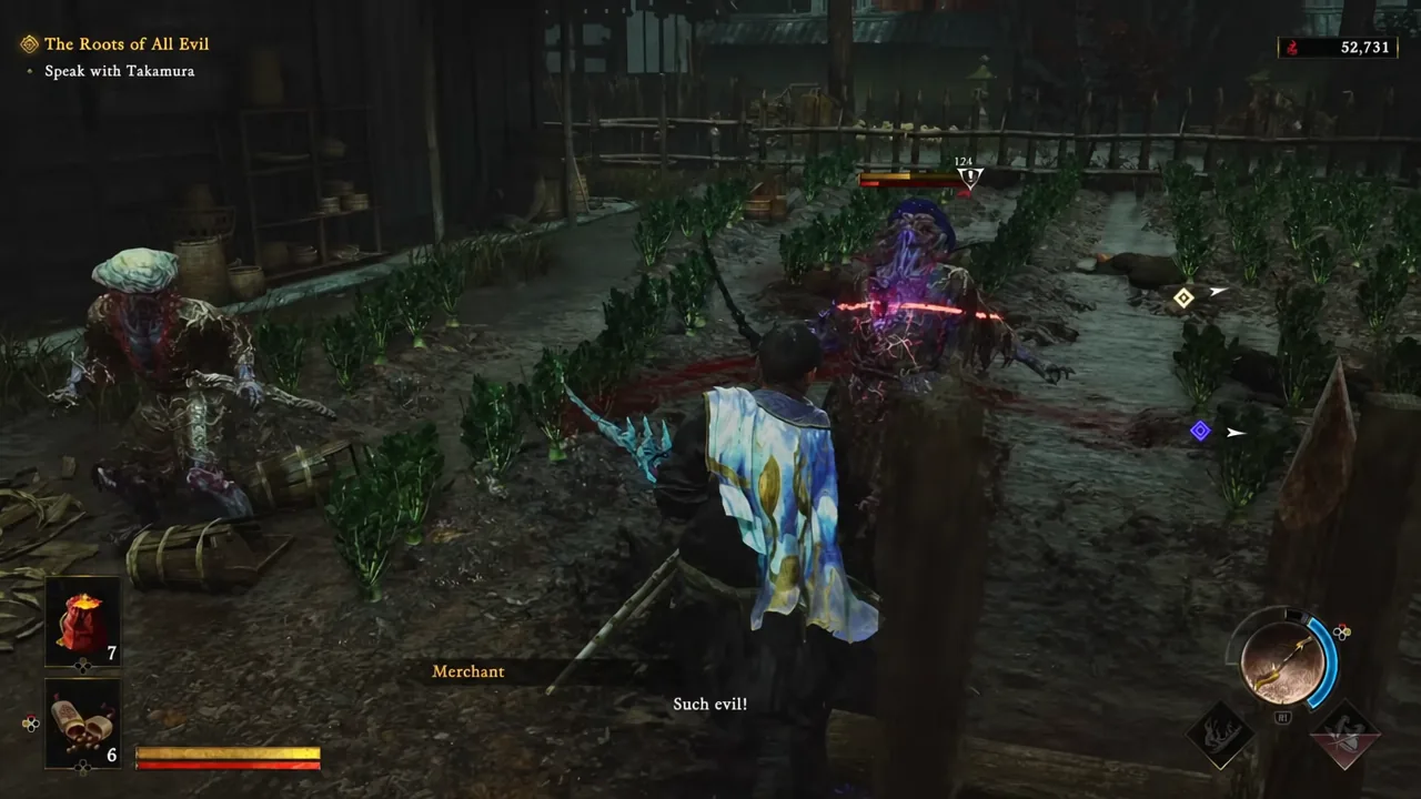 The Roots of All Evil objective tracker showing Speak with Takamura during a garden fight
