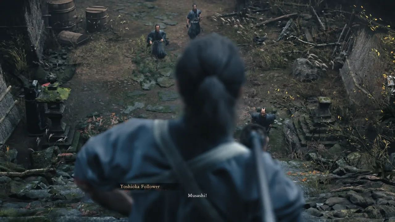A Yoshioka Follower confronts Musashi in a cinematic scene as the subtitle reads Musashi