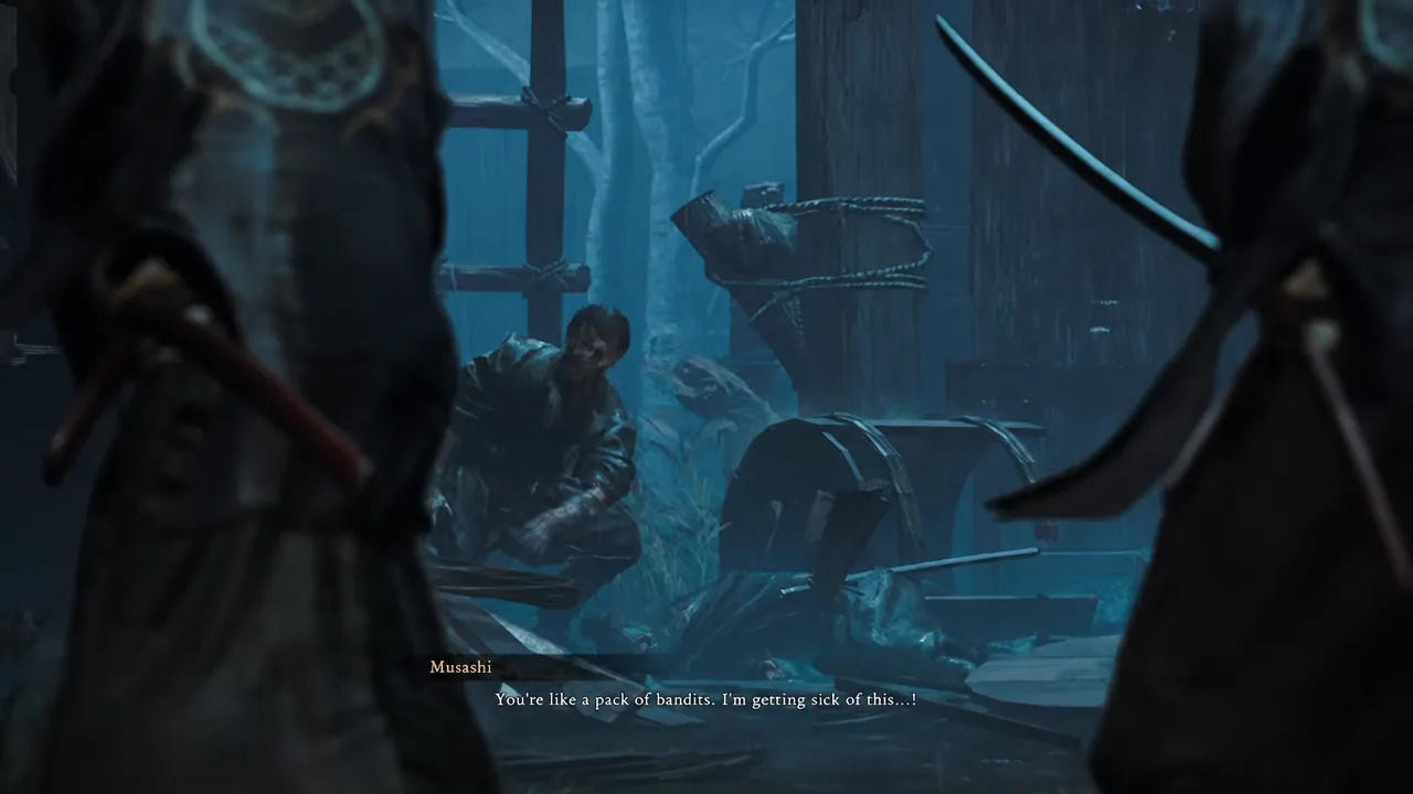 Musashi surrounded and speaking during the cutscene that follows the Rendaino ambush