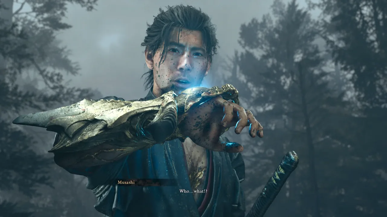 Musashi raising his armored arm and reacting to the Oni Gauntlet after waking up