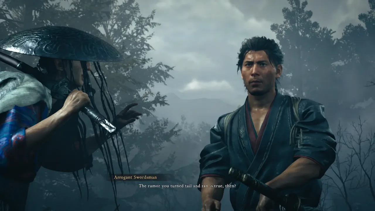 Dialogue scene with a speaker label and subtitle during the exchange after the first Rift