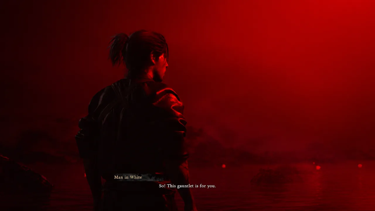 The Man in White speaking to Musashi in the red void before the gauntlet is attached