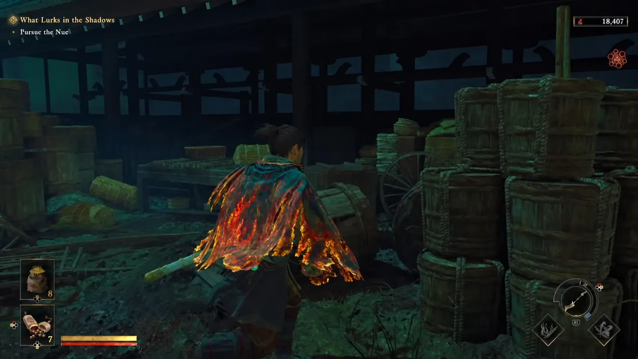 Musashi running past stacked crates while chasing the Nue through the mission area