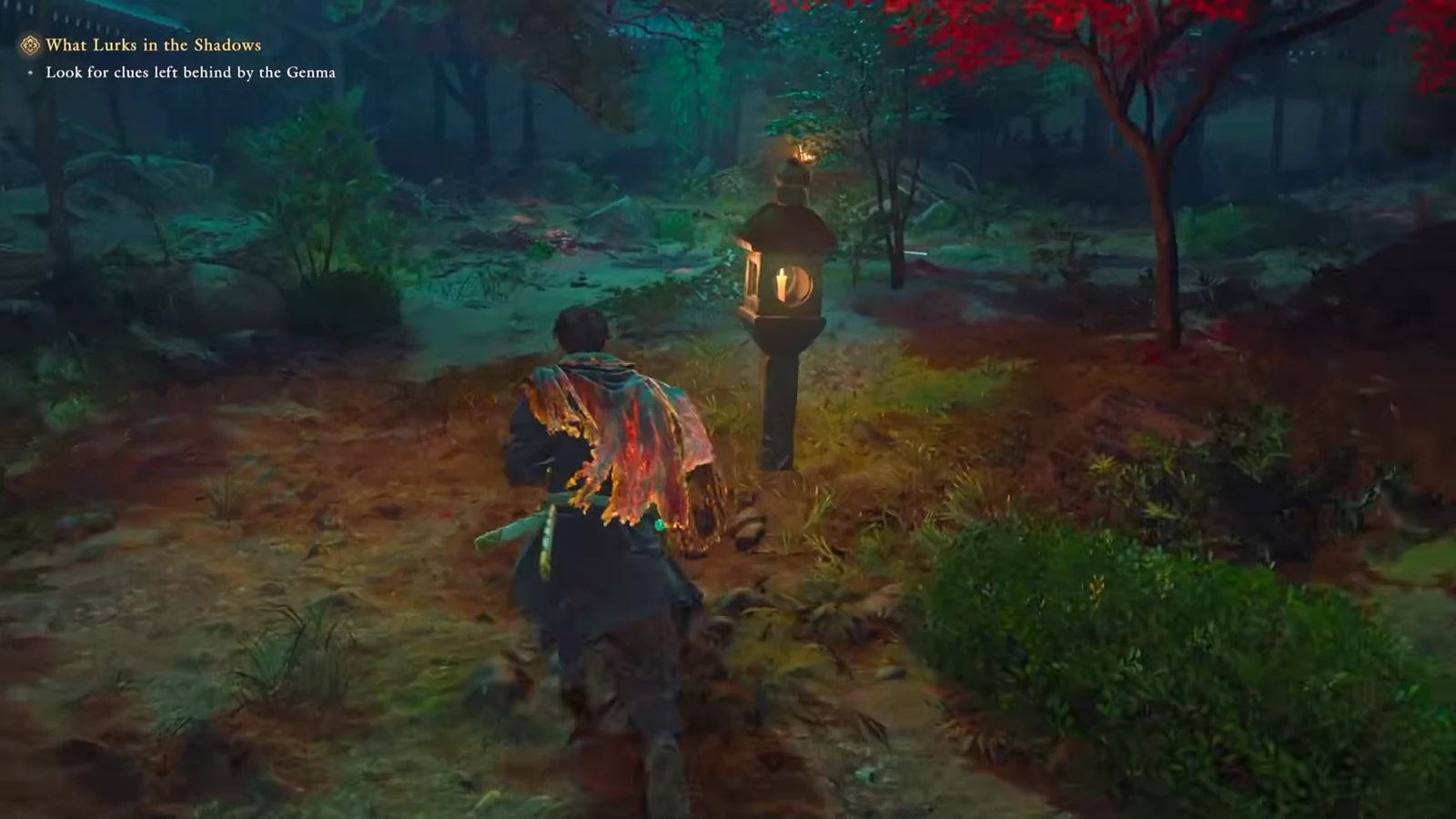 Musashi searching a lantern-lit forest path for Genma clues during What Lurks in the Shadows