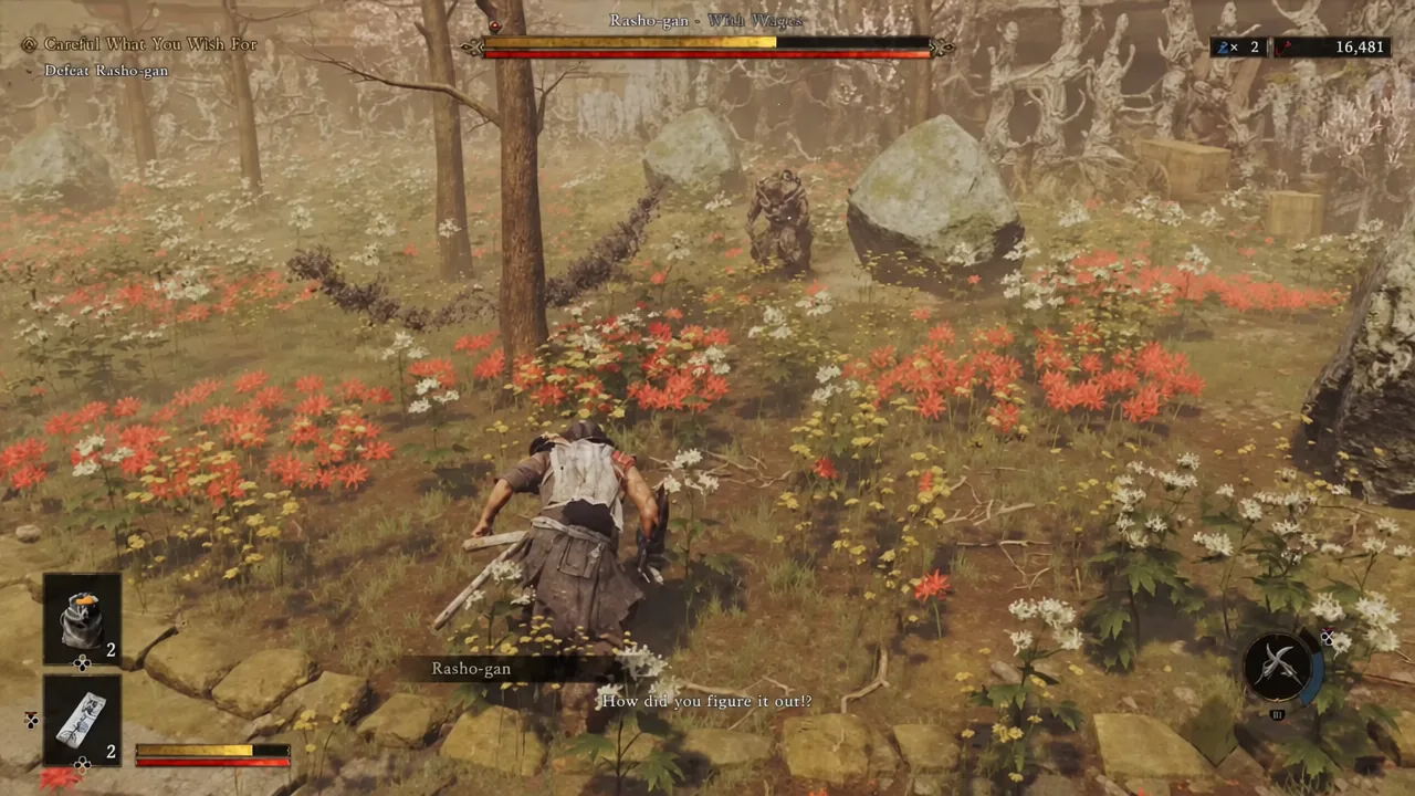 Musashi holds position at range while Rasho-gan's boss health bar sits at the top of the screen