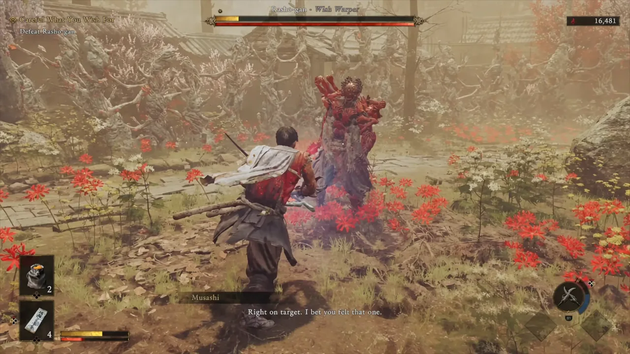 Musashi trades hits with Rasho-gan as the boss health bar drops toward the phase shift