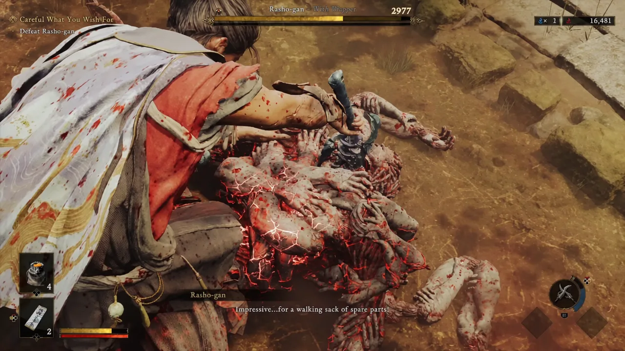 Musashi lands a close-range katana strike on Rasho-gan with the Defeat Rasho-gan objective on screen