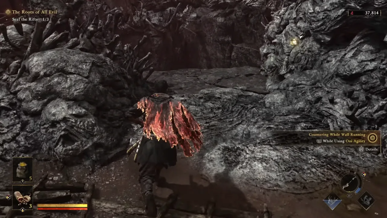 On-screen L1 prompt for countering while wall running as Musashi uses Oni Agility