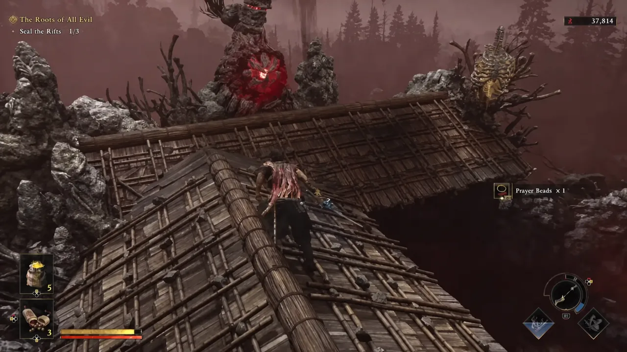 Musashi approaching a highlighted red Malice rift in the swamp