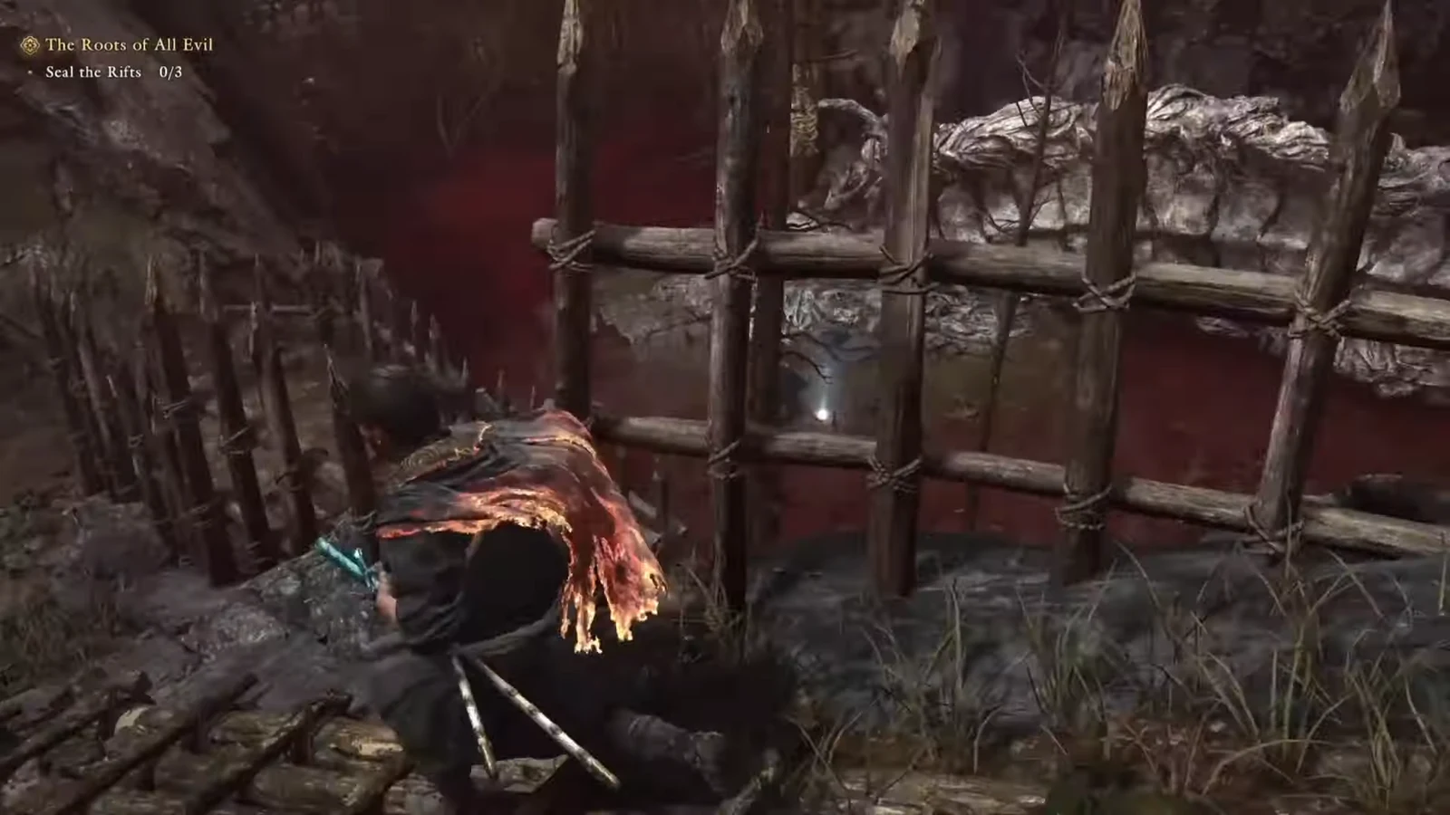 Musashi crouched behind a wooden barricade with the Seal the Rifts 0/3 objective on screen