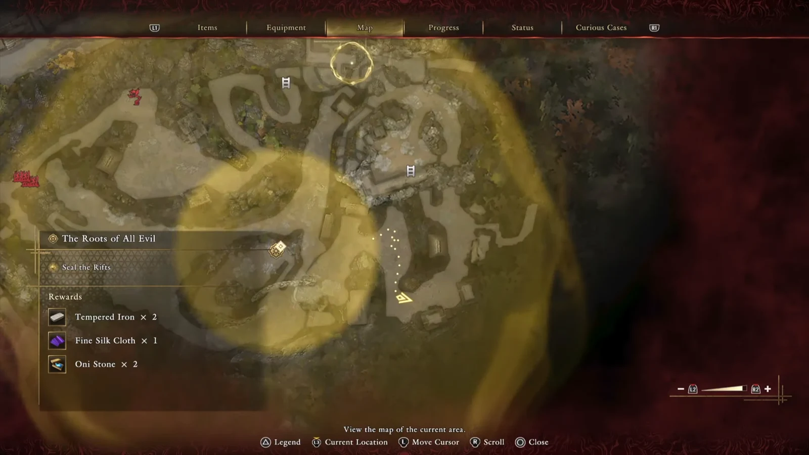 Map screen for The Roots of All Evil showing the Seal the Rifts objective and route markers