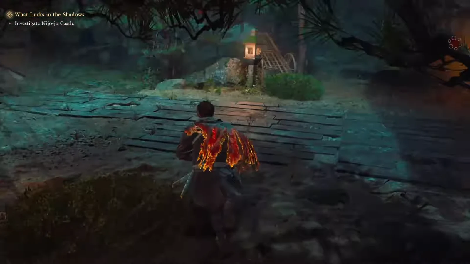 Quest tracker showing What Lurks in the Shadows and the Investigate Nijo-jo Castle objective