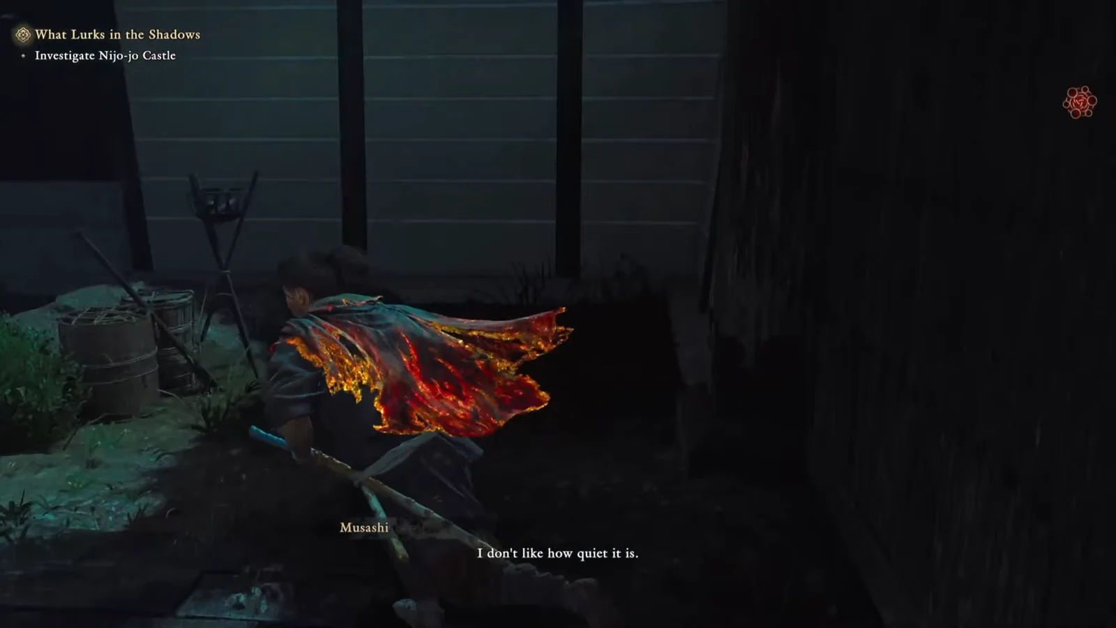 Musashi pushing through a wooden gate into a dark Kyoto courtyard at night