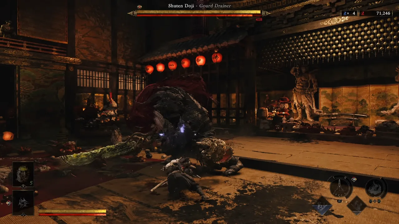 Musashi attacking the downed Shuten Doji with the Gourd Drainer boss health bar on screen