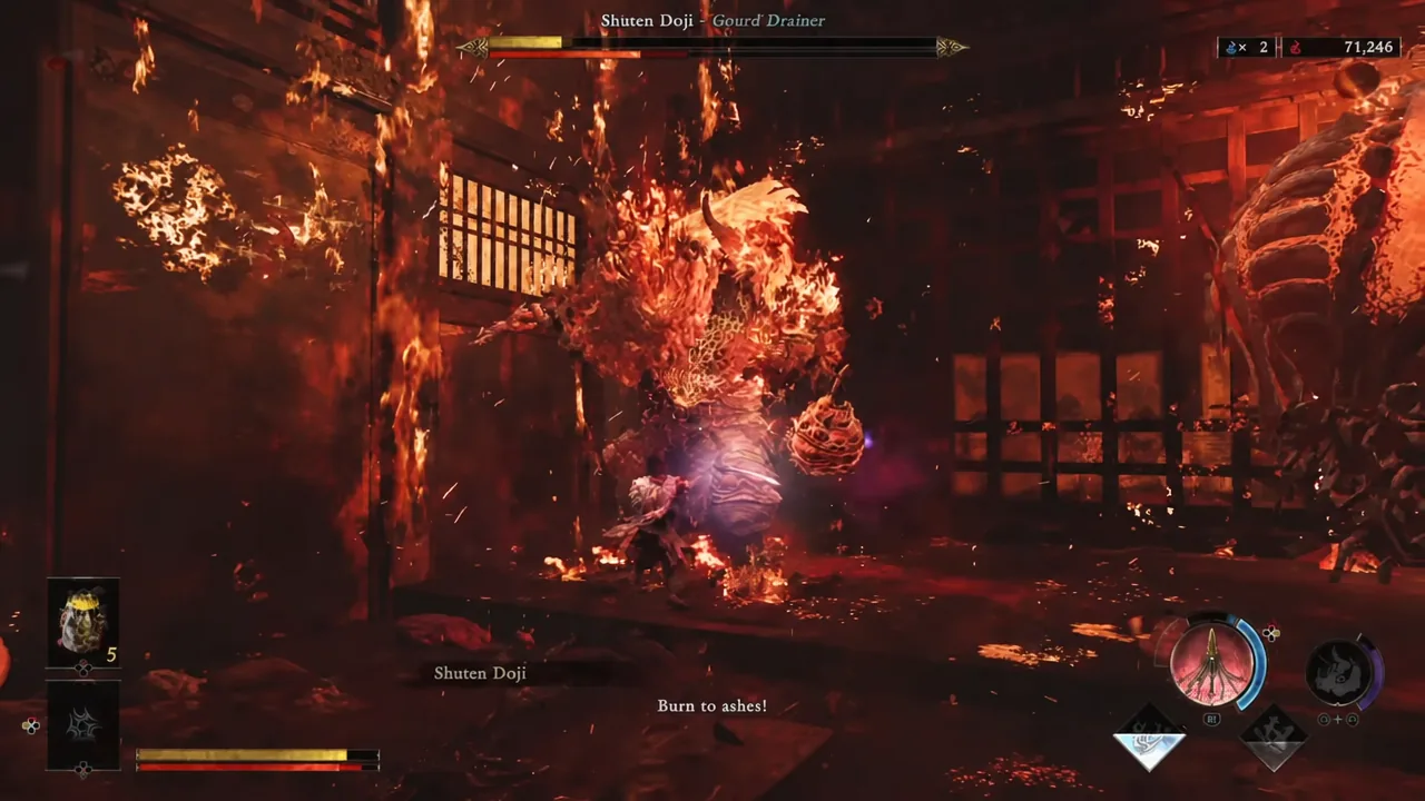Close-quarters exchange with the flaming Shuten Doji during the second phase of the boss fight