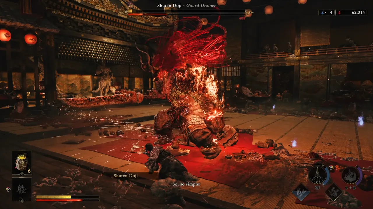 Musashi facing the burning Shuten Doji at mid-range with the combat HUD active