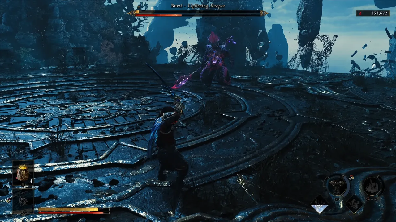 Burai, the Lightning Keeper, targeted in combat with his health bar shown on screen