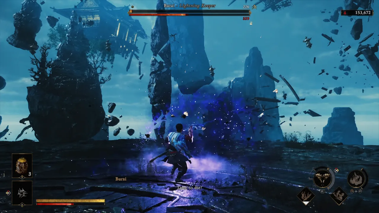 Musashi deflecting an incoming attack from Burai as the Lightning Keeper health bar drains