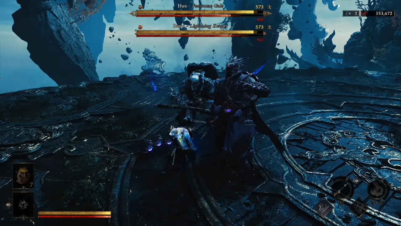 Musashi fighting both Genma at once with two boss health bars stacked at the top of the screen