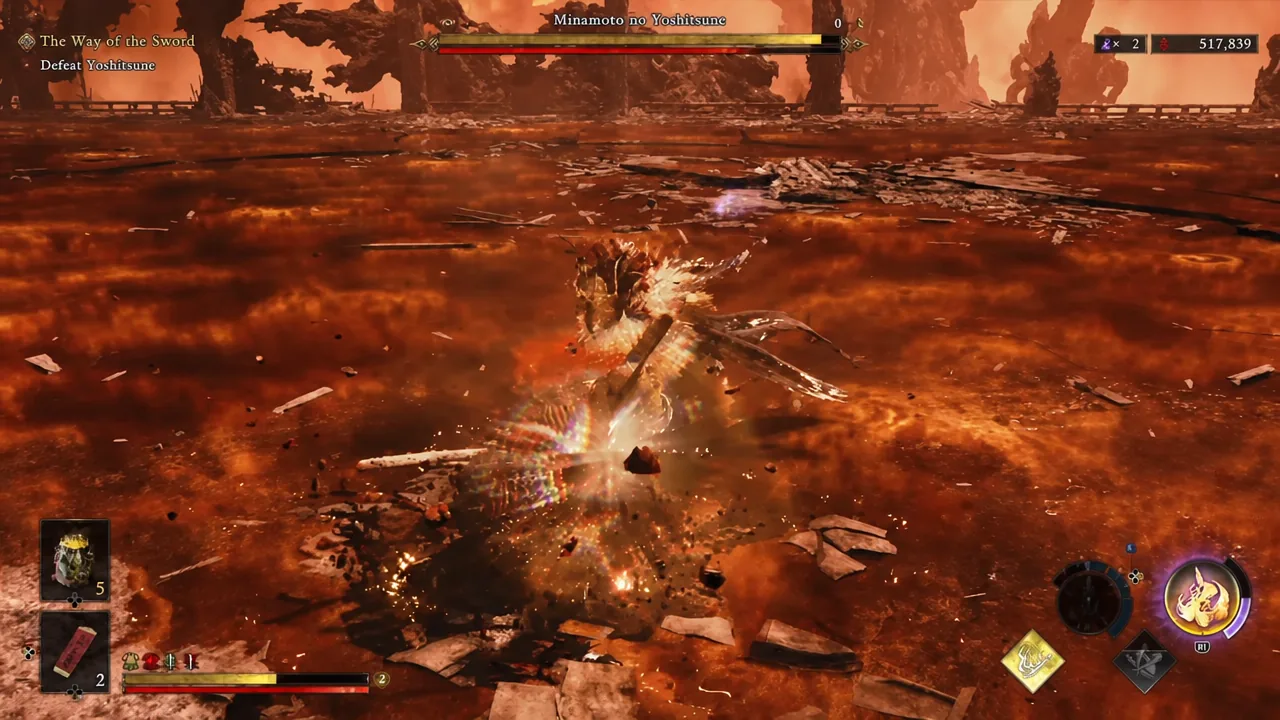 Yoshitsune's boss health bar on screen as Musashi presses an attack in the second phase