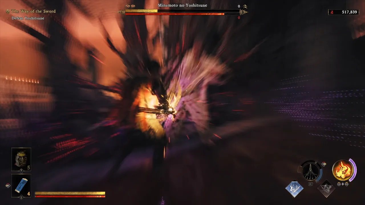 Musashi using a highlighted flame Oni Armament attack against Yoshitsune mid-duel