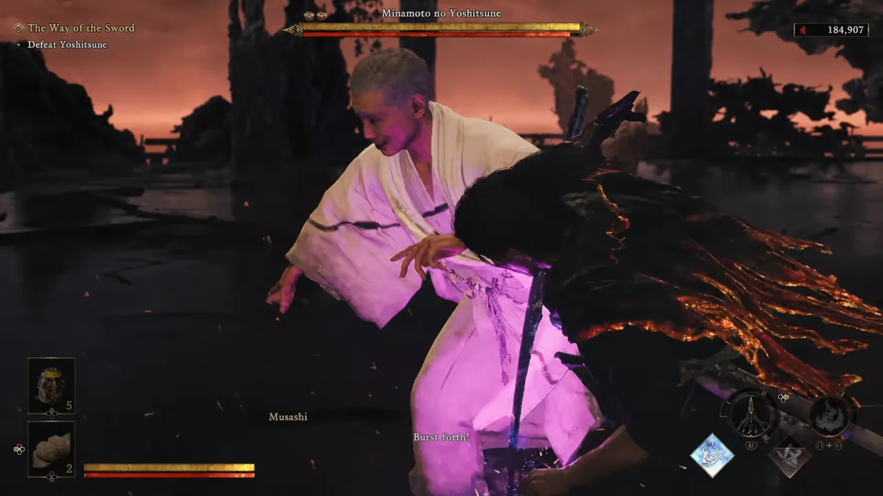 Combat screen with the Defeat Yoshitsune objective active as Musashi closes in on the boss