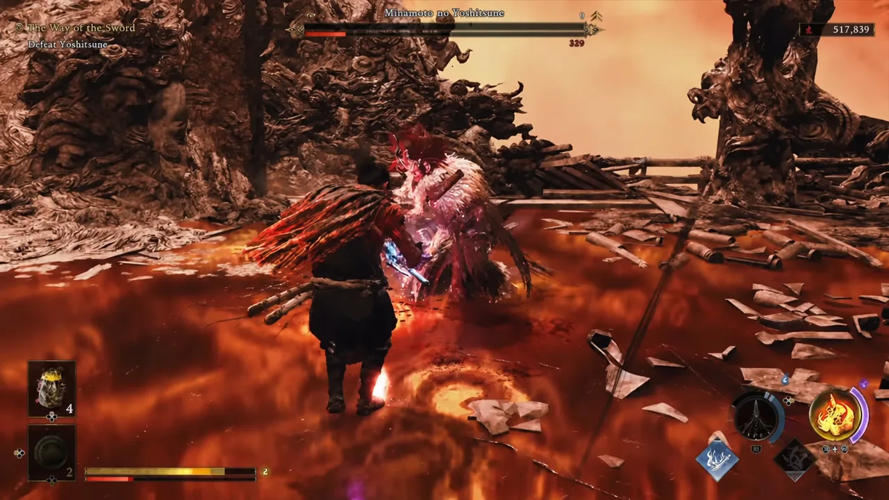 Musashi striking Yoshitsune at close range during the opening phase of the duel