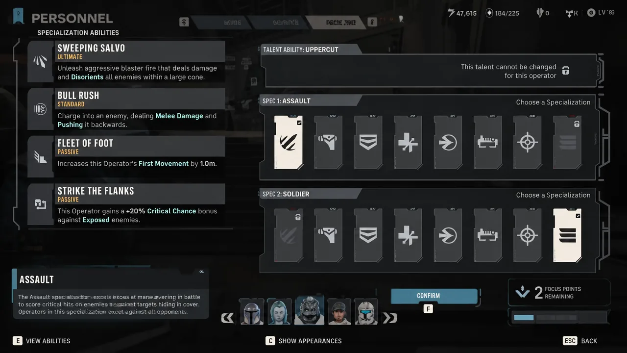 Personnel Specialization Abilities screen with Assault selected for Kabb's first specialization slot