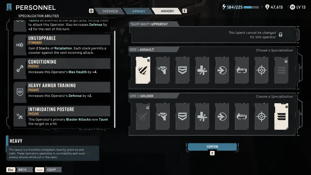 Confirm button highlighted on the Personnel armory screen after selecting the Assault and Soldier specializations