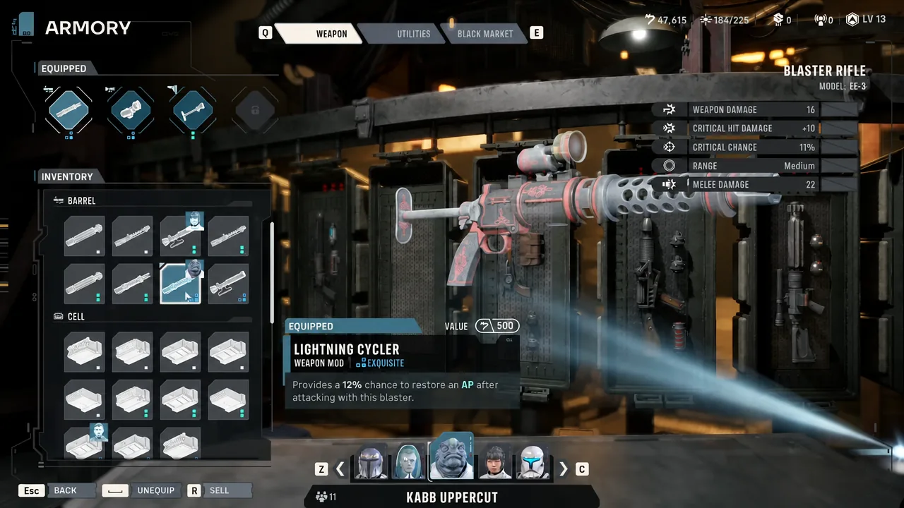 Armory weapon tab showing the Lightning Cycler barrel mod in inventory with its equipped status