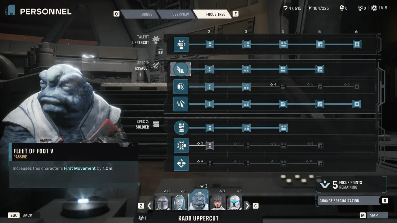 Kabb's Focus Tree in the Personnel menu with Fleet of Foot V selected for inspection