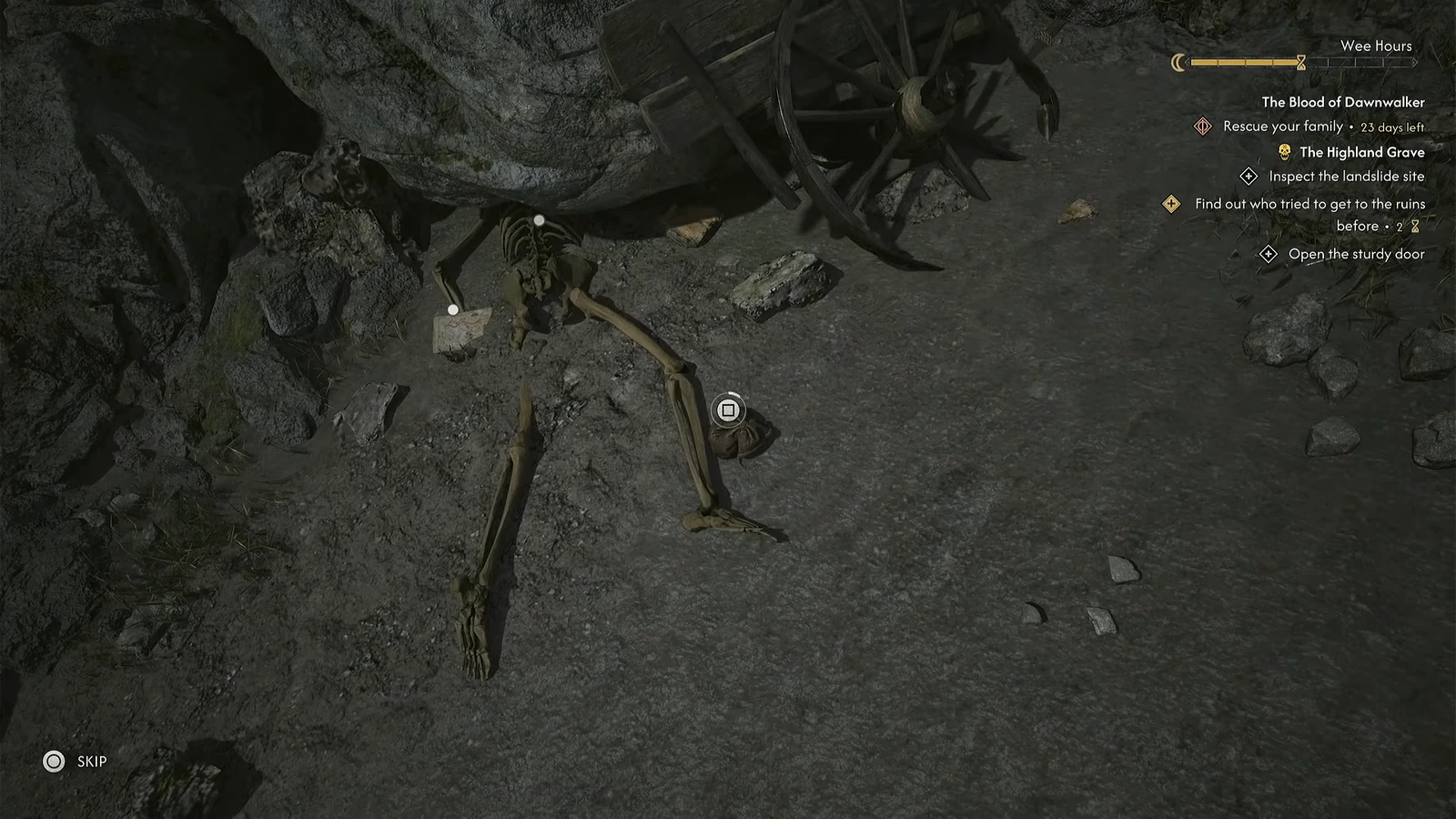 Highlighted skeleton with an on-screen button prompt to search the remains