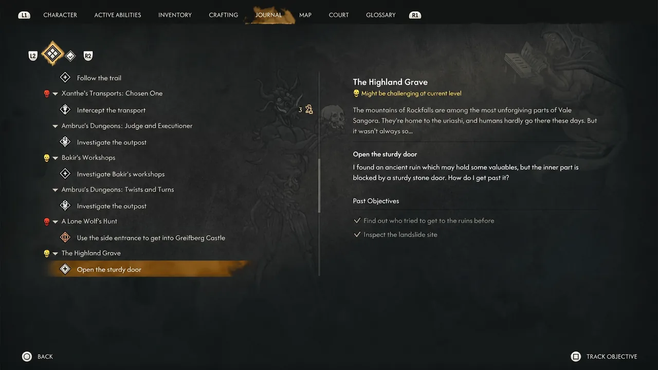 Journal entry showing the Open the sturdy door objective with earlier objectives listed below