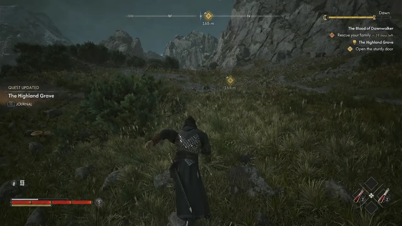 The open the sturdy door objective tracked on the HUD while crossing the mountains toward the ruins