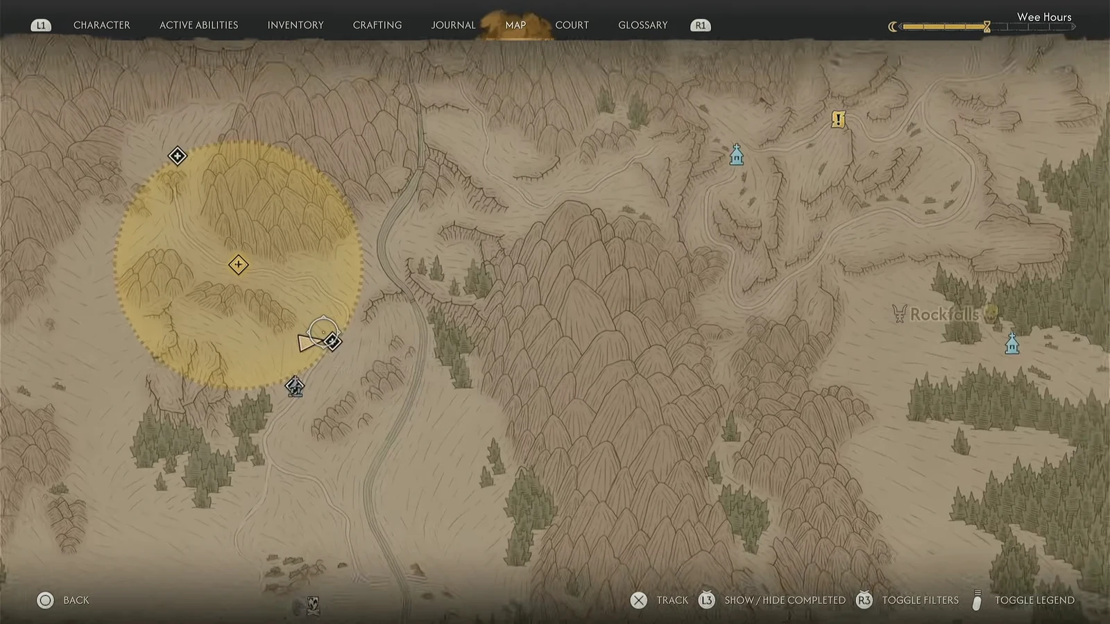 Map screen with a yellow search area marked around the landslide objective in the mountains