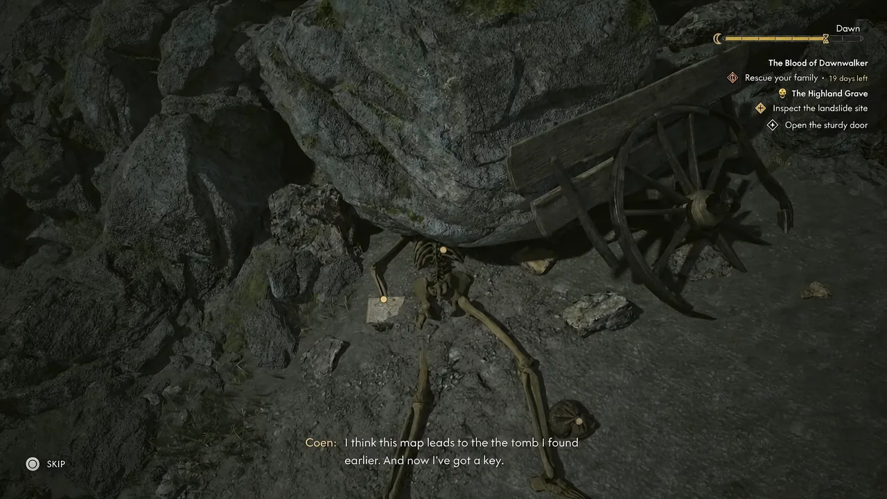 Examining the crushed skeleton and the scholar's belongings to collect the key