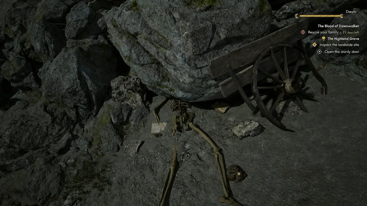 Quest tracker reading Inspect the landslide site beside a skeleton under a broken cart