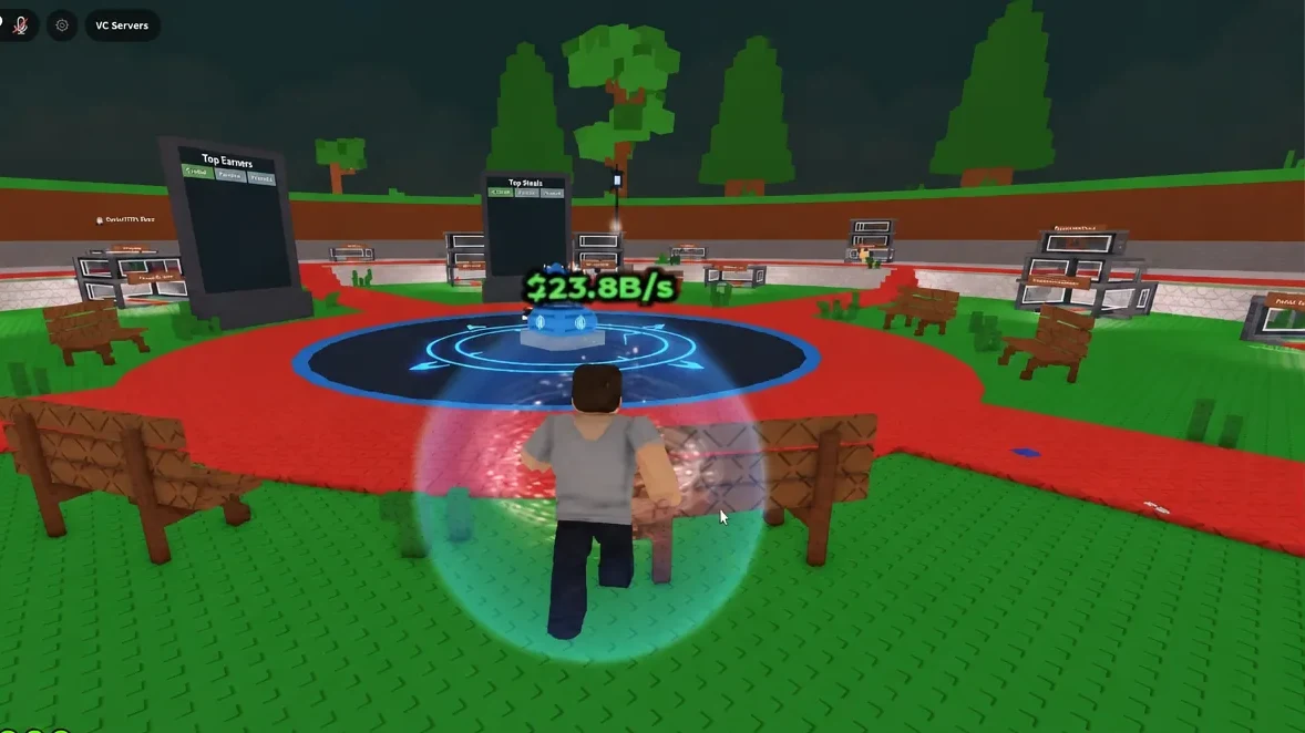 Player approaching the glowing central trading platform showing an income figure of 23.8B per second