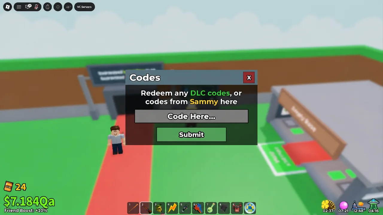 In-game codes screen showing the Code Here text field and the Submit button