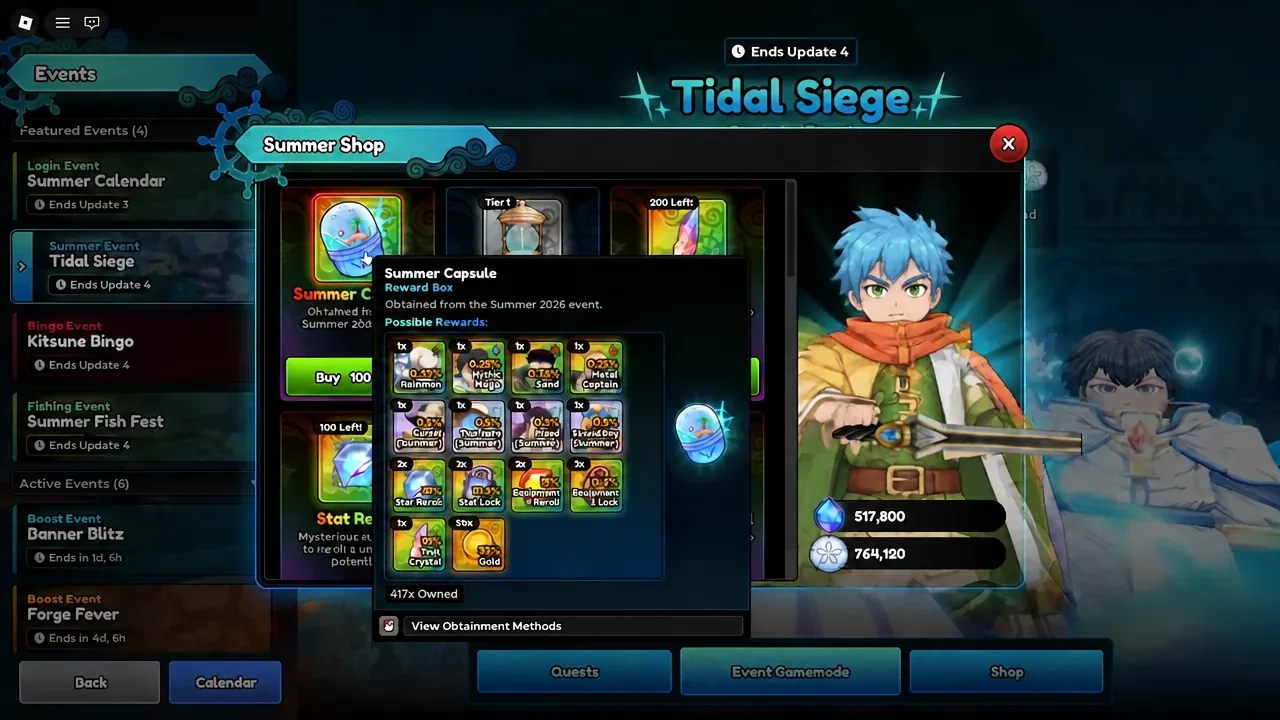 Summer Shop tooltip for the Summer Capsule listing its possible rewards