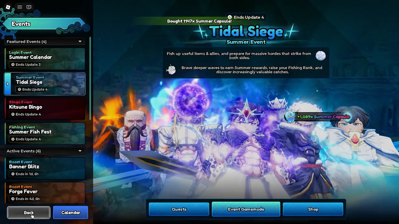 Events menu with Summer Event: Tidal Siege selected, showing Quests, Event Gamemode and Shop