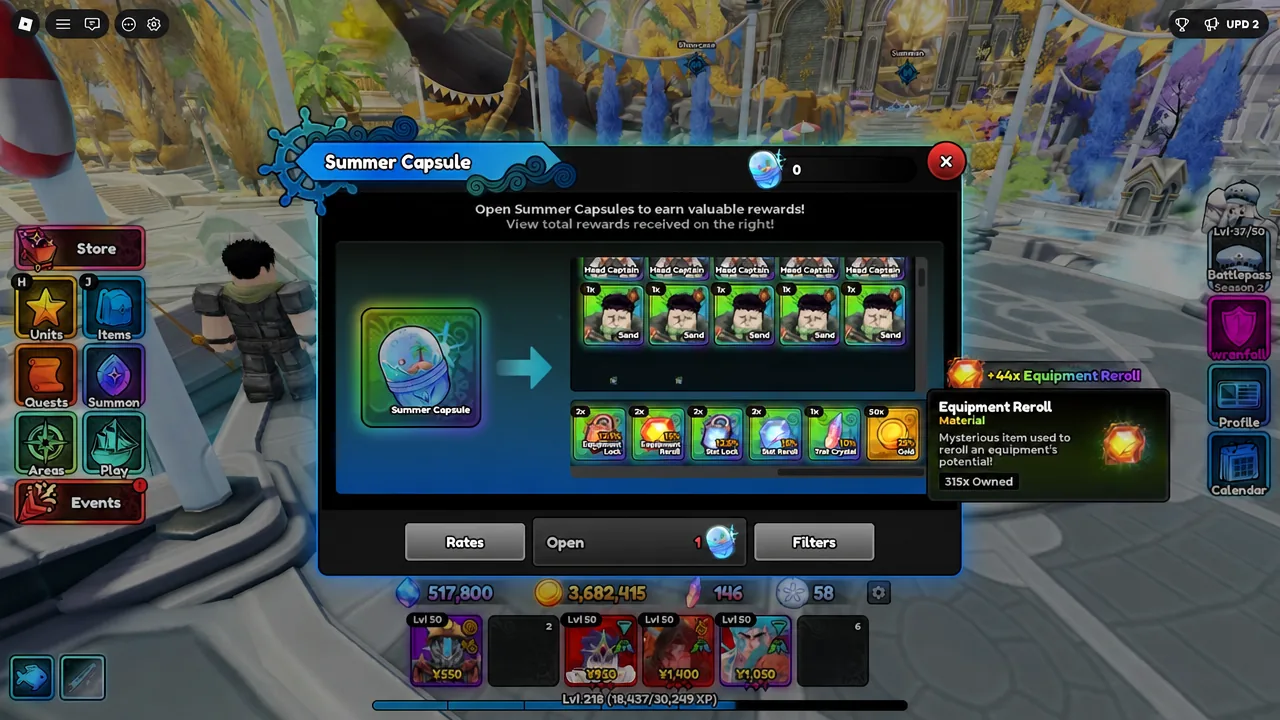 Summer Capsule results screen with the Equipment Reroll reward tooltip open