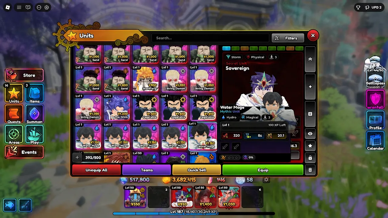 Units menu open, used to check whether a Mythic from the capsule opening was received
